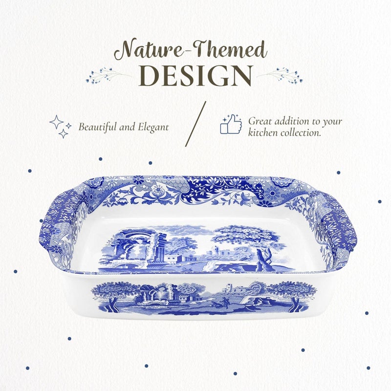 Spode Blue Italian Handled Rectangular Dish - 15" x 12" Porcelain Tableware with Heritage Scroll Border & Scenic Countryside Artwork - Large Decorative Serving Piece for Casserole & Lasagna Bakeware - Image 4